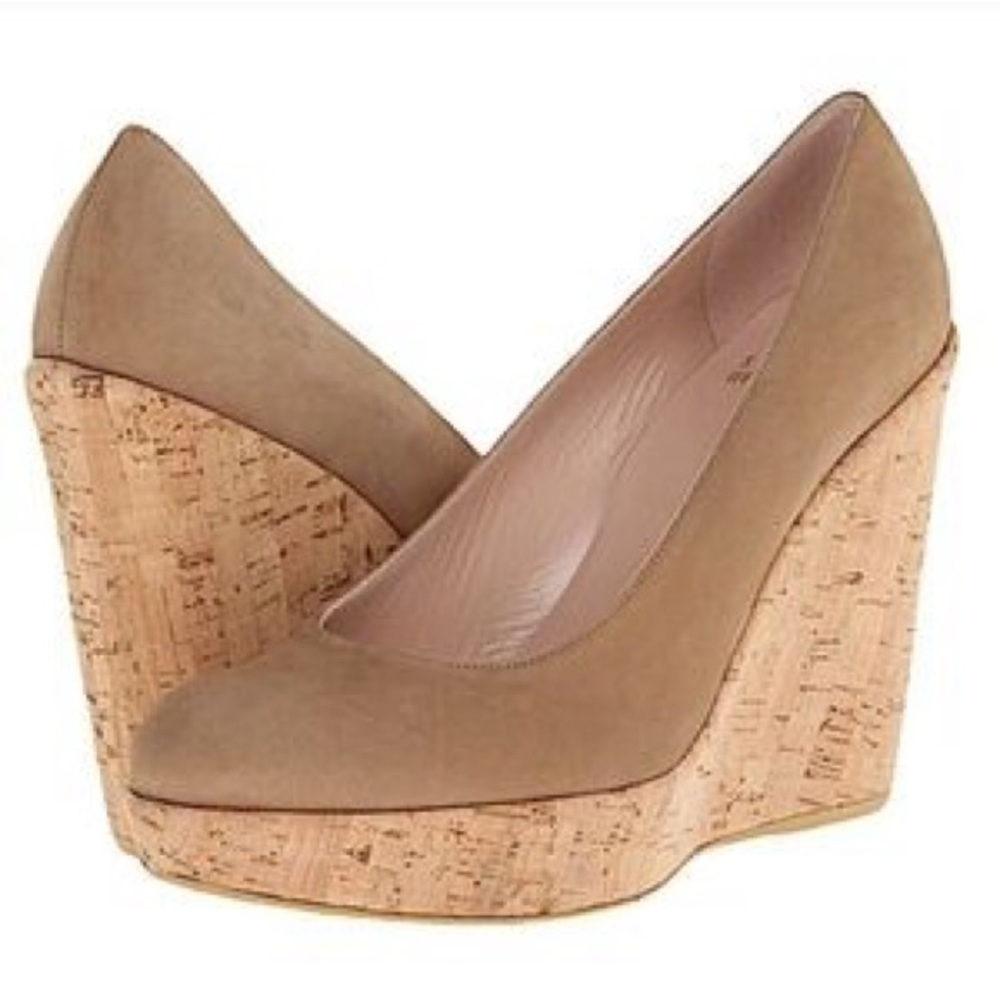 Stuart Weitzman Taupe Suede Cork Wedge Pumps